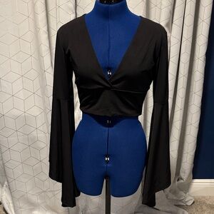 Black V-Neck Bell Sleeve Crop Top